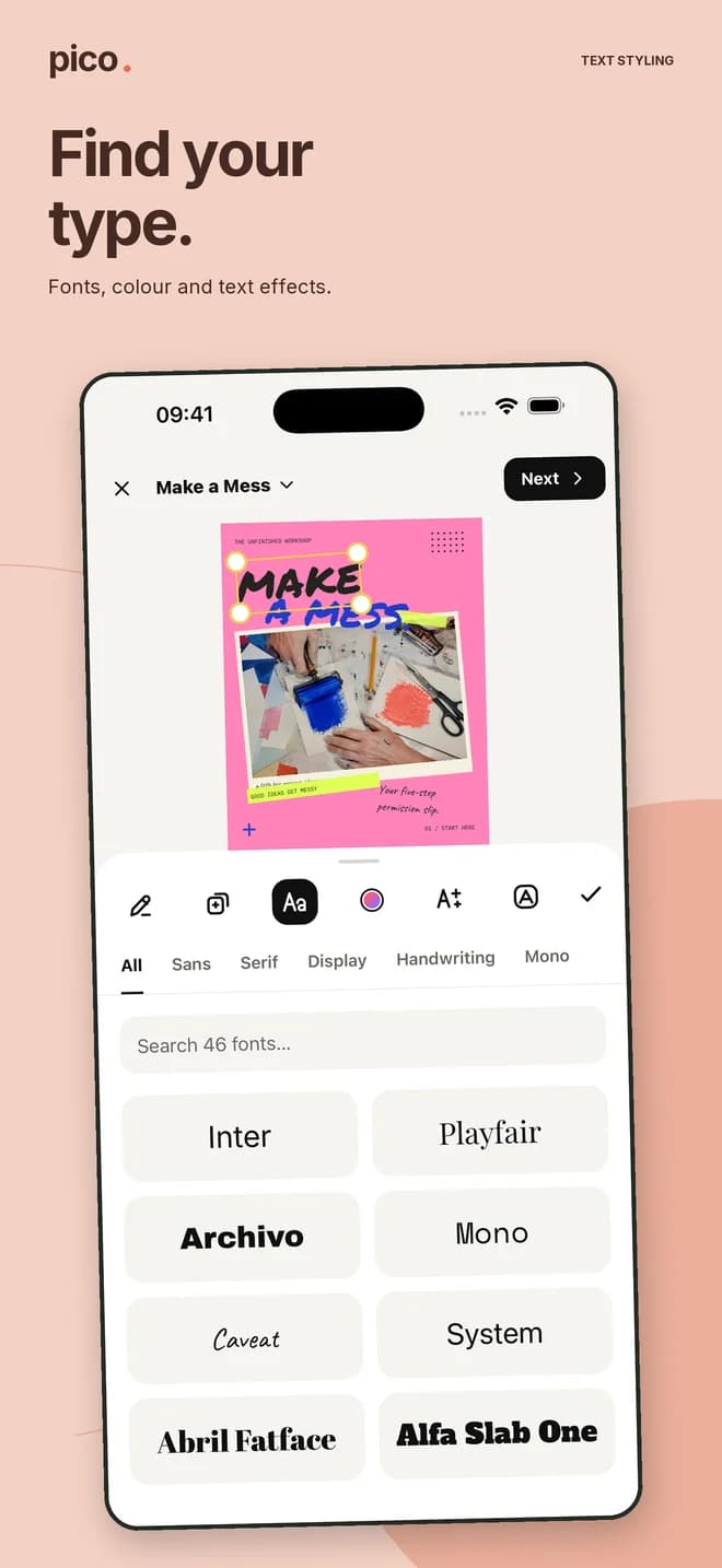 Pico App Store screenshot: choosing from 46 fonts