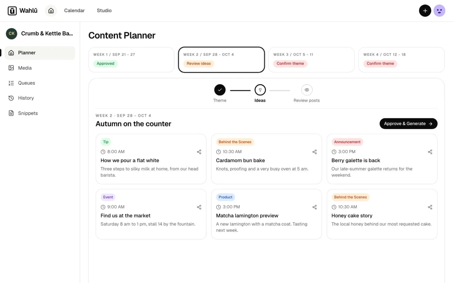 Wahlu content planner with AI-drafted themes and post ideas for review